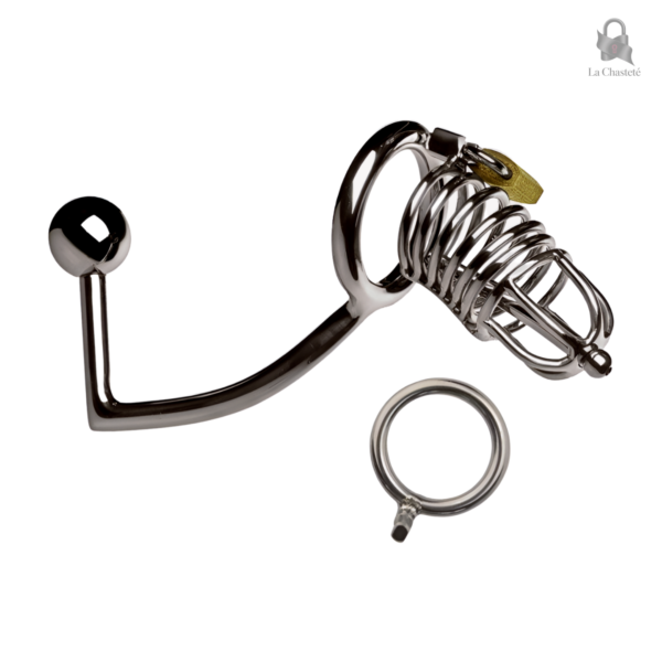 Cage de chasteté en métal avec plug anal intégré